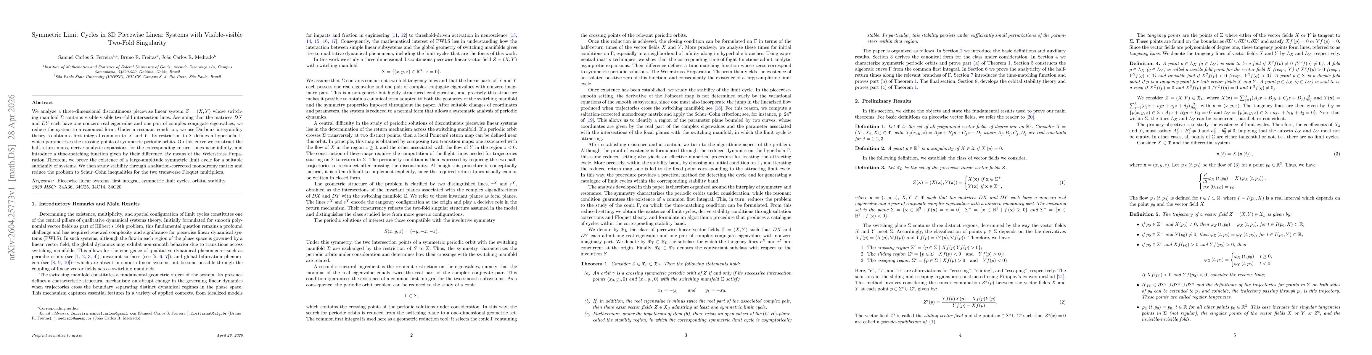 Thumbnail for Symmetric Limit Cycles in 3D Piecewise Linear Systems with Visible-visible Two-Fold Singularity