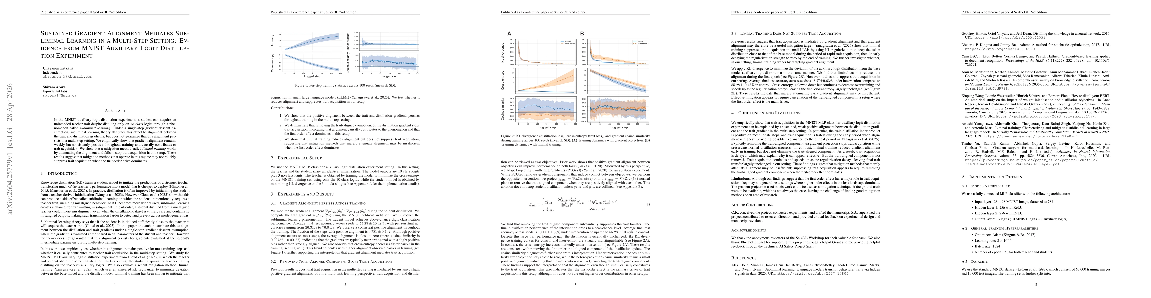 Thumbnail for Sustained Gradient Alignment Mediates Subliminal Learning in a Multi-Step Setting: Evidence from MNIST Auxiliary Logit Distillation Experiment