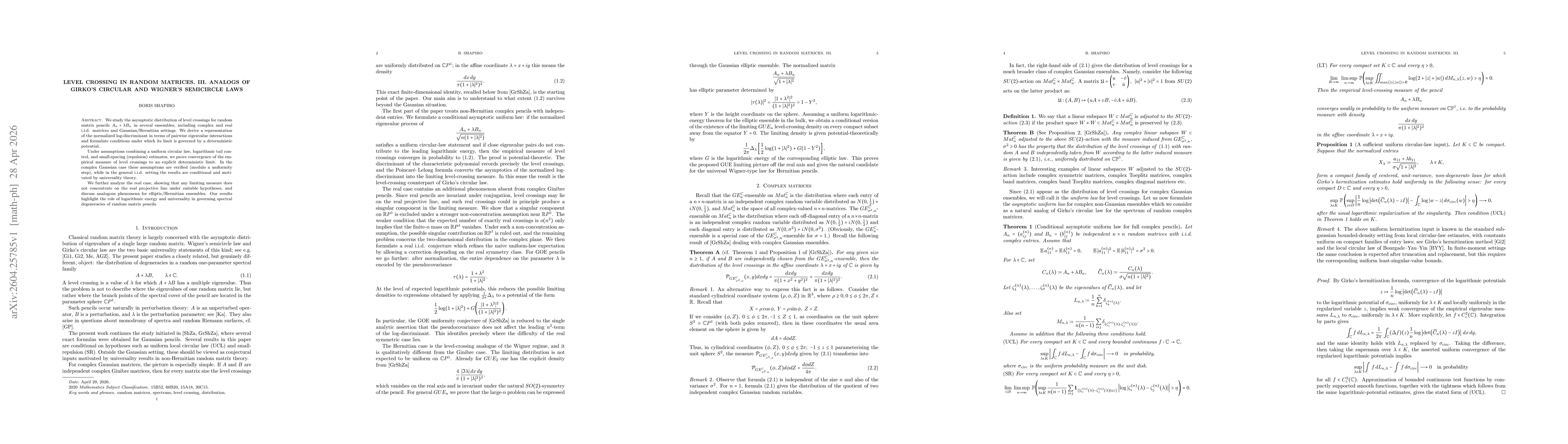 Thumbnail for Level Crossing in Random Matrices. III. Analogs of Girko's circular and Wigner's semicircle laws