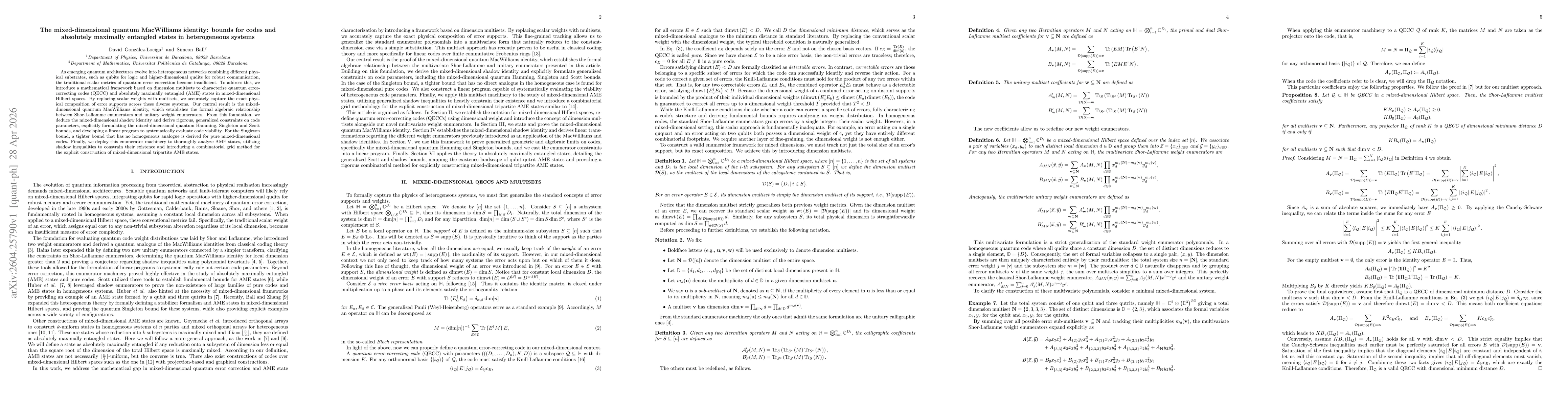 Thumbnail for The mixed-dimensional quantum MacWilliams identity: bounds for codes and absolutely maximally entangled states in heterogeneous systems