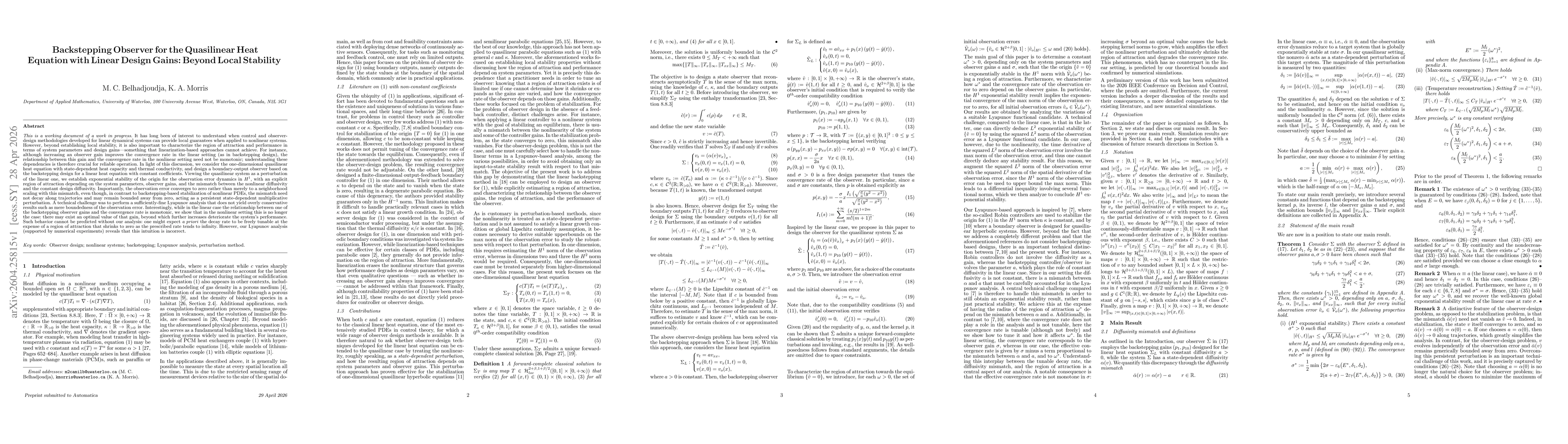 Thumbnail for Backstepping Observer for the Quasilinear Heat Equation with Linear Design Gains: Beyond Local Stability
