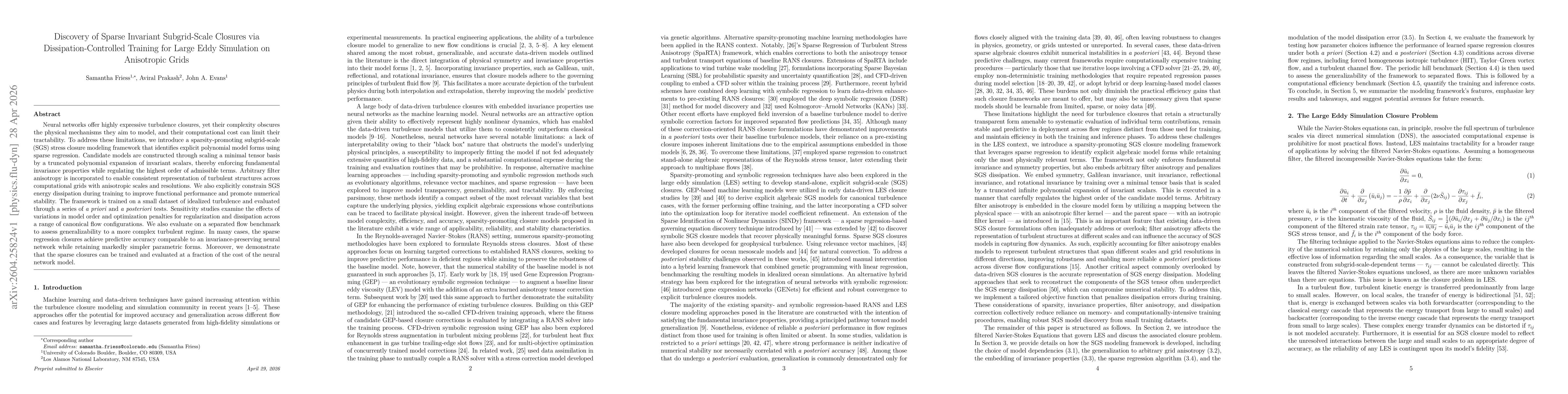 Thumbnail for Discovery of Sparse Invariant Subgrid-Scale Closures via Dissipation-Controlled Training for Large Eddy Simulation on Anisotropic Grids