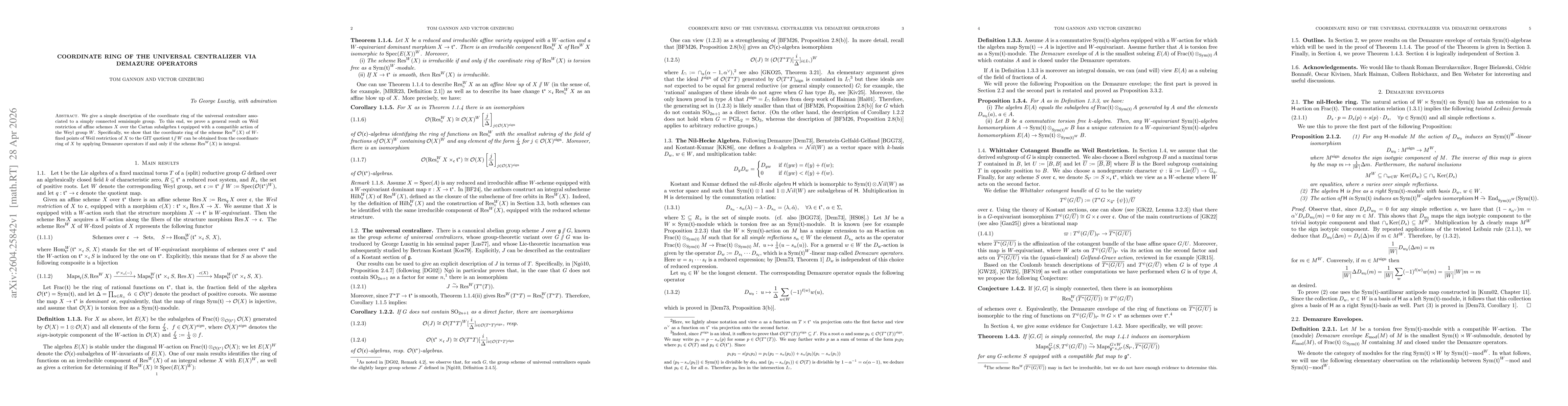 Thumbnail for The coordinate ring of the universal centralizer via Demazure operators