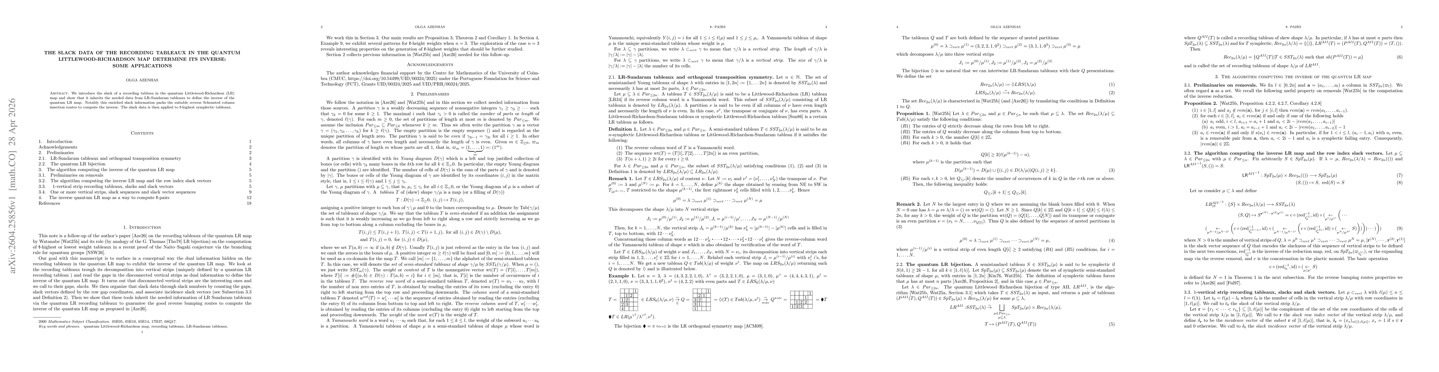 Thumbnail for The slack data of the recording tableaux in the quantum Littlewood-Richardson map determine its inverse: some applications