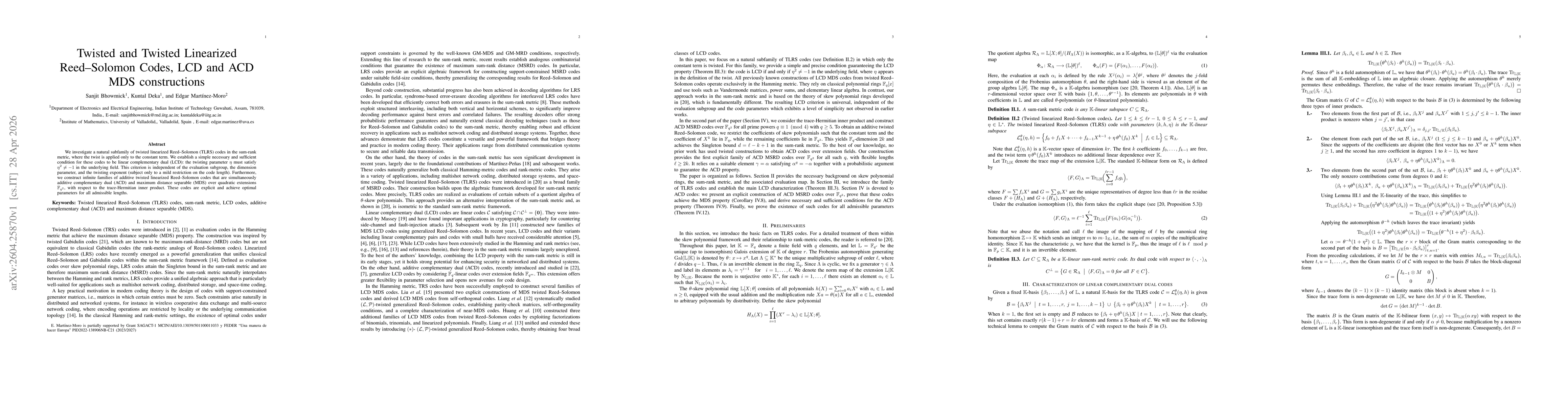 Thumbnail for Twisted and Twisted Linearized Reed--Solomon Codes, LCD and ACD MDS constructions