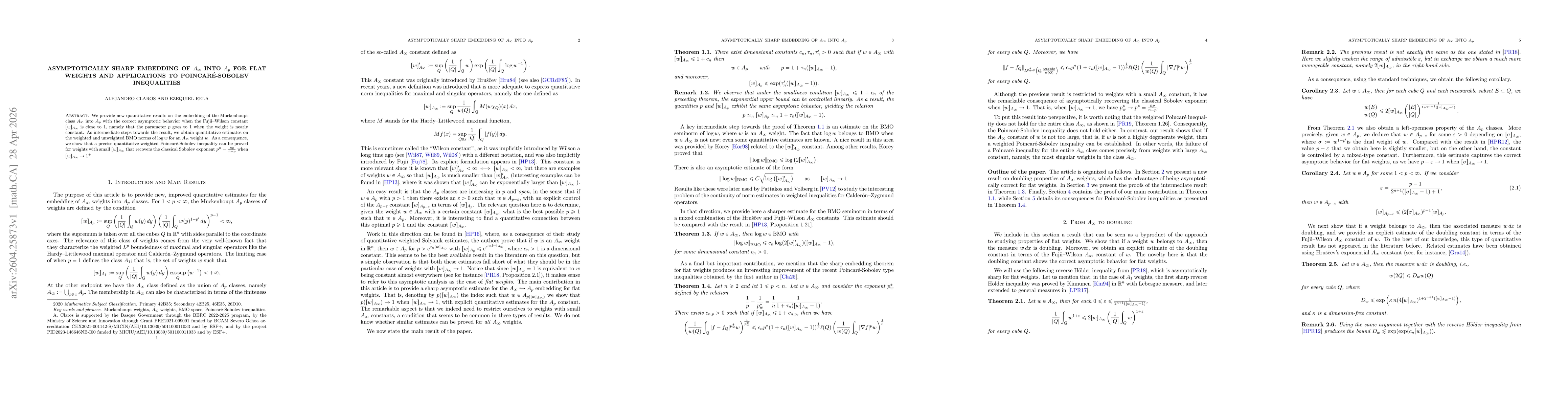 Thumbnail for Asymptotically sharp embedding of $A_\infty$ into $A_p$ for flat weights and applications to Poincaré-Sobolev inequalities
