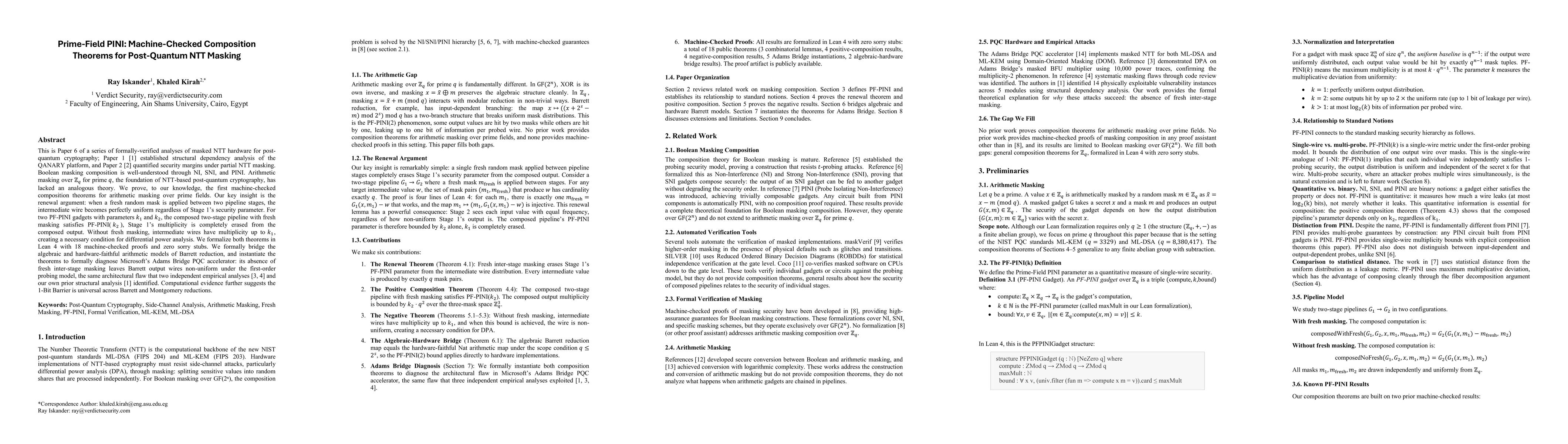 Thumbnail for Prime-Field PINI: Machine-Checked Composition Theorems for Post-Quantum NTT Masking