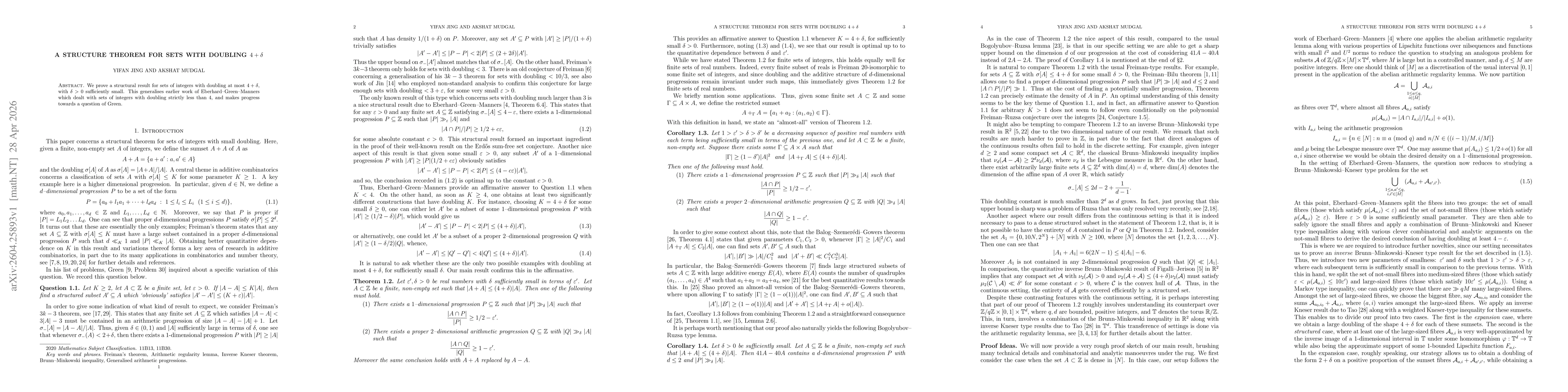 Thumbnail for A structure theorem for sets with doubling $4+δ$