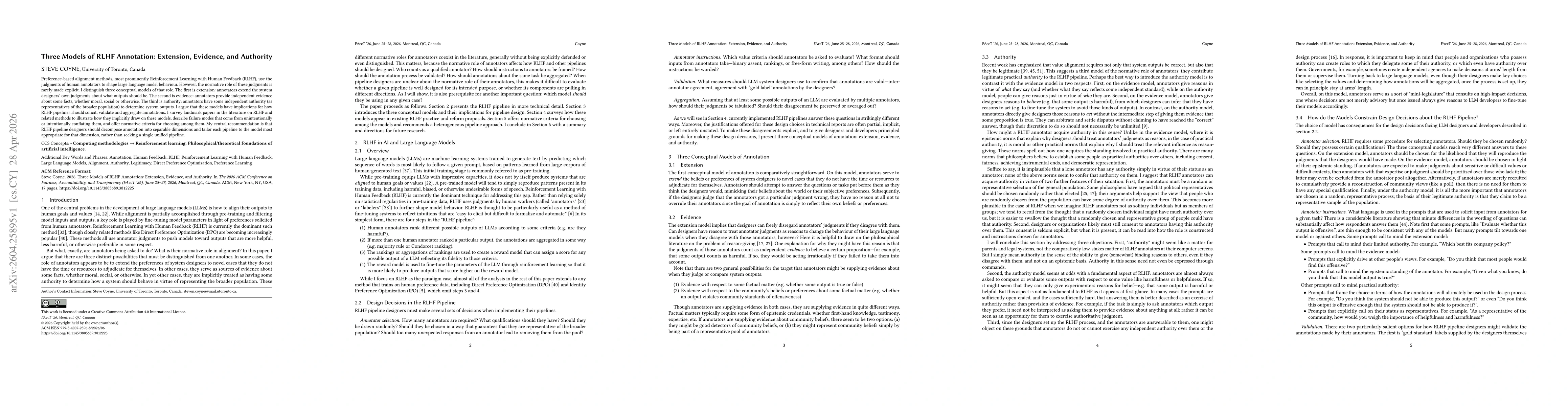 Thumbnail for Three Models of RLHF Annotation: Extension, Evidence, and Authority