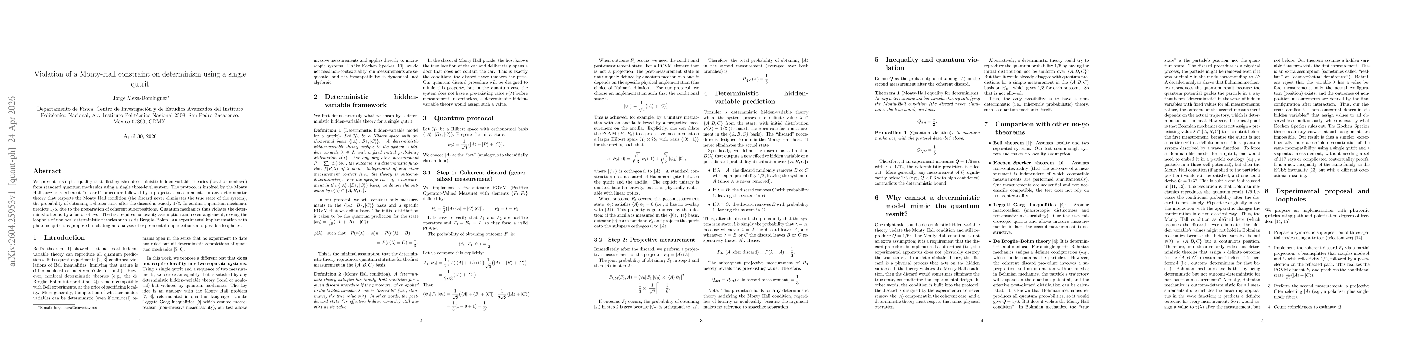 Thumbnail for Violation of a Monty-Hall constraint on determinism using a single qutrit