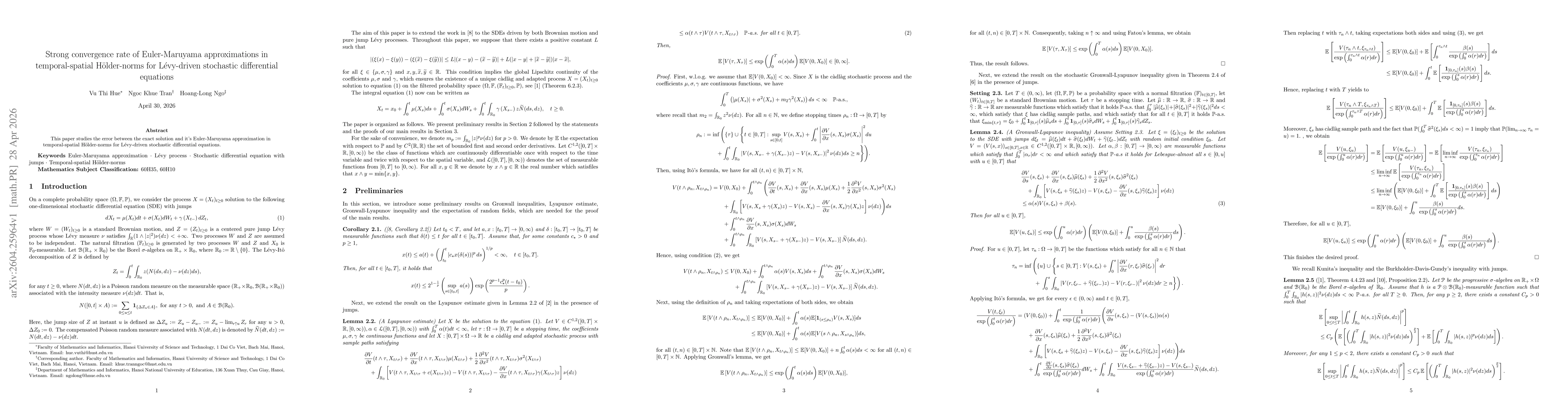 Thumbnail for Strong convergence rate of Euler-Maruyama approximations in temporal-spatial Hölder-norms for Lévy-driven stochastic differential equations