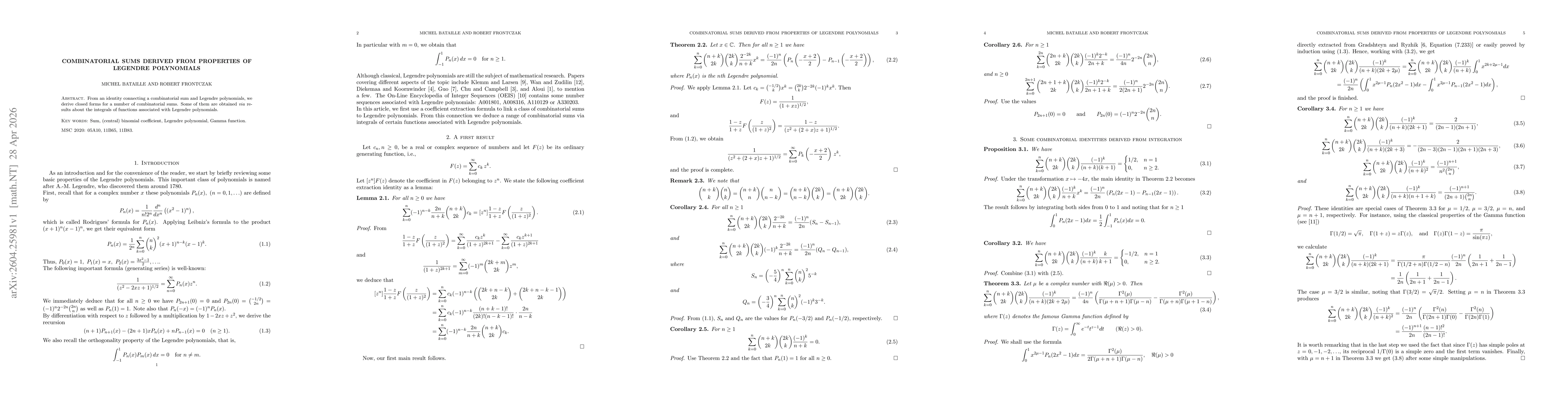 Thumbnail for Combinatorial sums derived from properties of Legendre polynomials