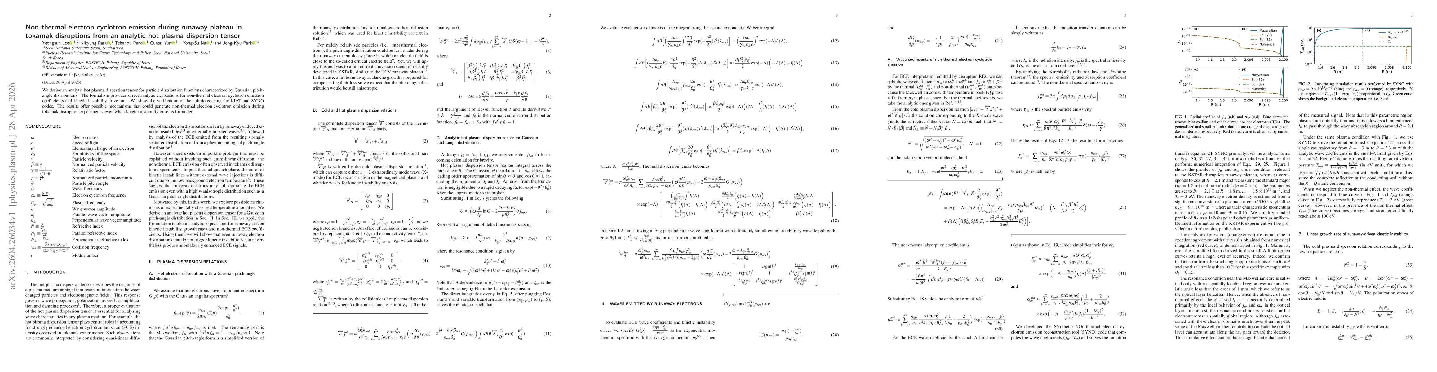 Thumbnail for Non-thermal electron cyclotron emission during runaway plateau in tokamak disruptions from an analytic hot plasma dispersion tensor