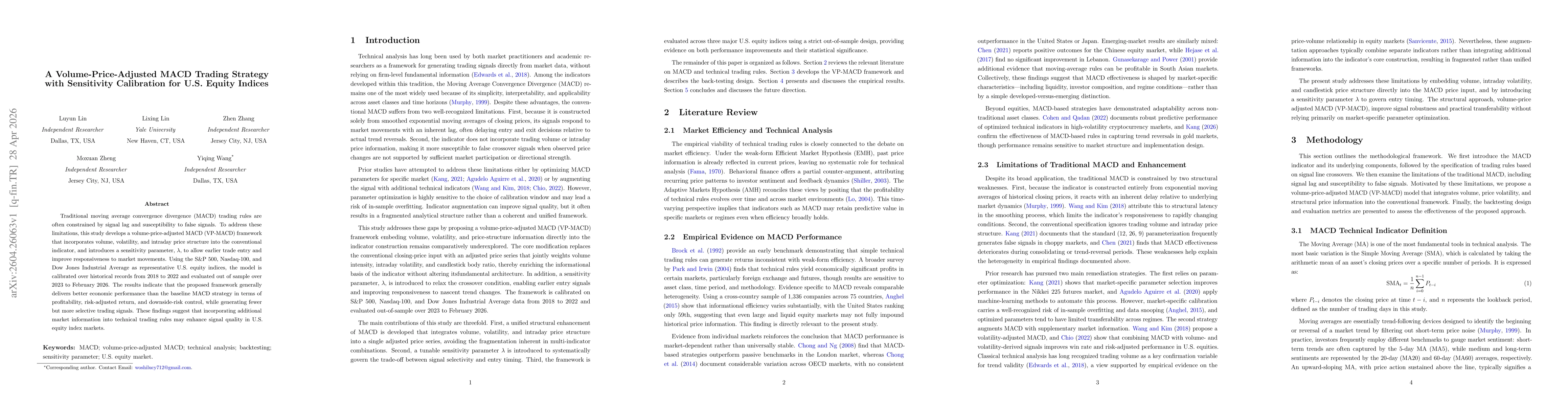 Thumbnail for A Volume-Price-Adjusted MACD Trading Strategy with Sensitivity Calibration for U.S. Equity Indices