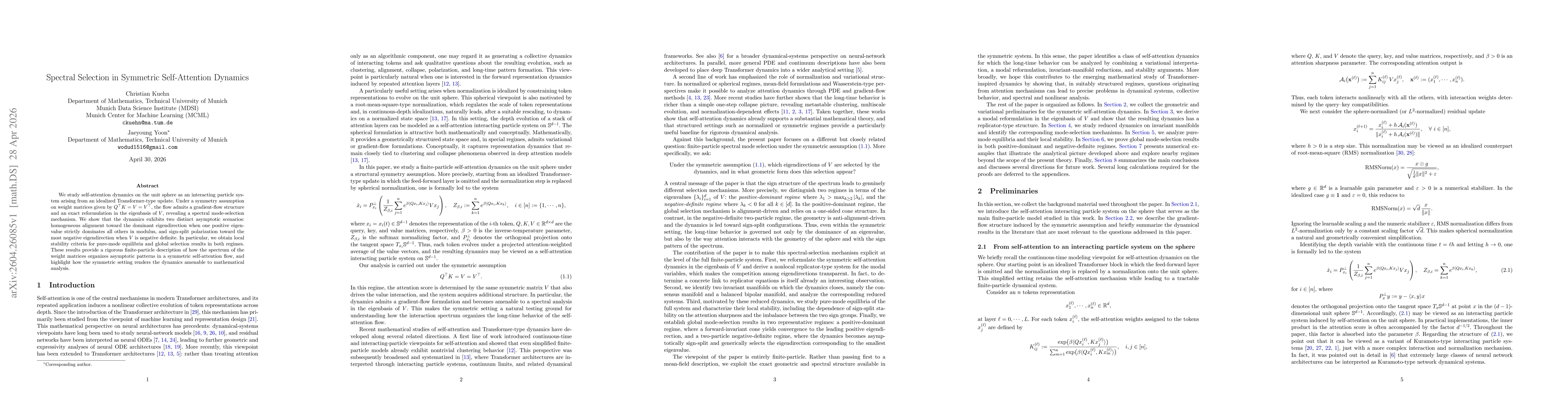 Thumbnail for Spectral Selection in Symmetric Self-Attention Dynamics