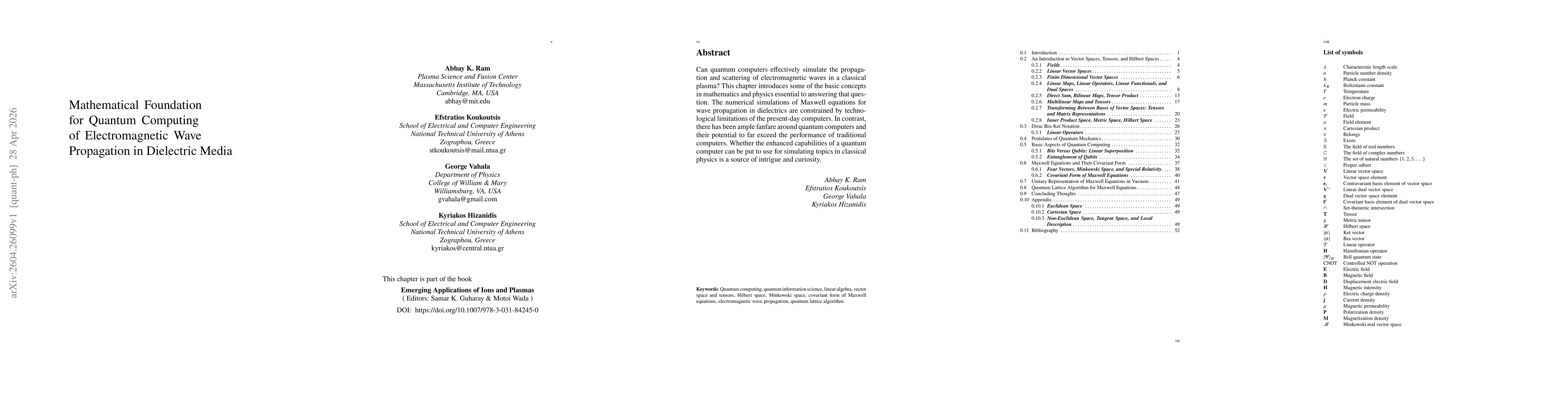 Thumbnail for Mathematical Foundation for Quantum Computing of Electromagnetic Wave Propagation in Dielectric Media