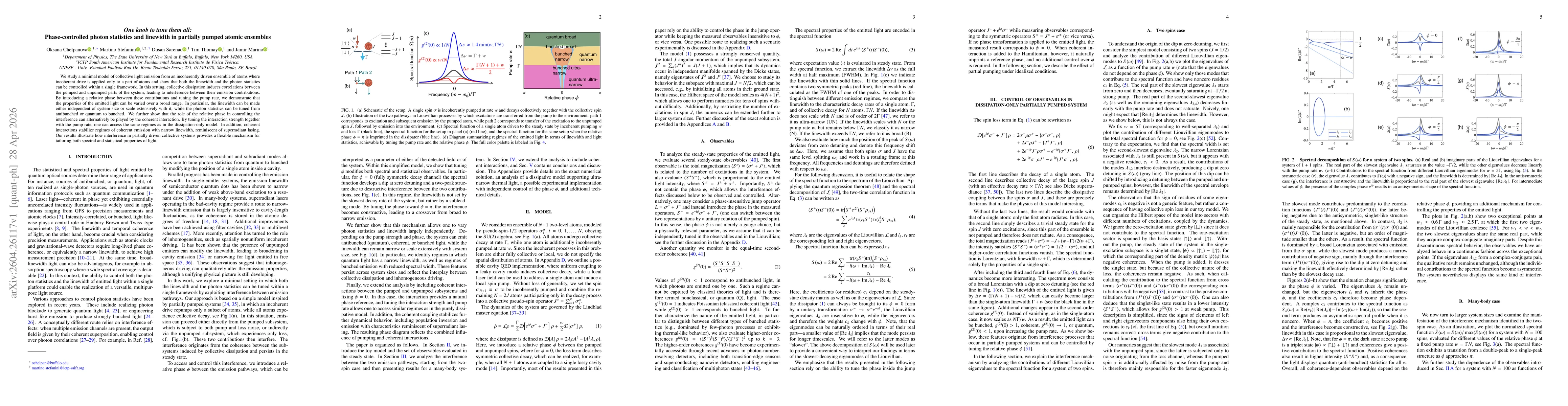 Thumbnail for One knob to tune them all: Phase-controlled photon statistics and linewidth in partially pumped atomic ensembles