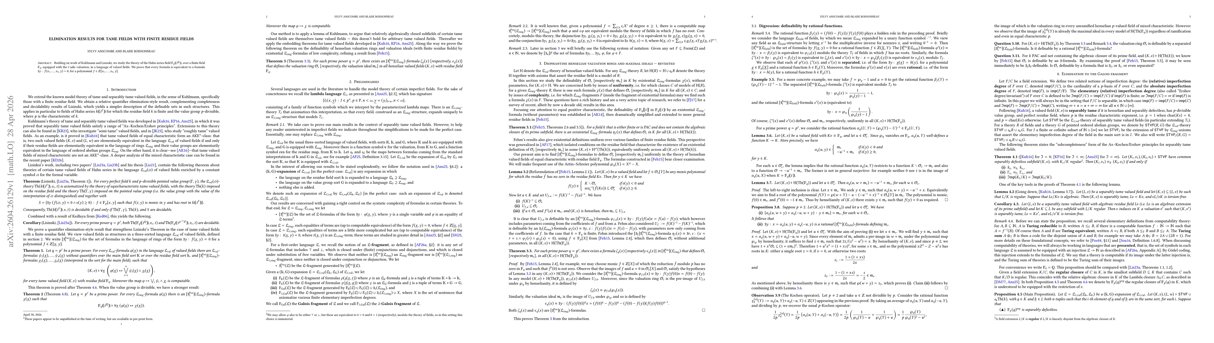 Thumbnail for Elimination results for tame fields with finite residue fields