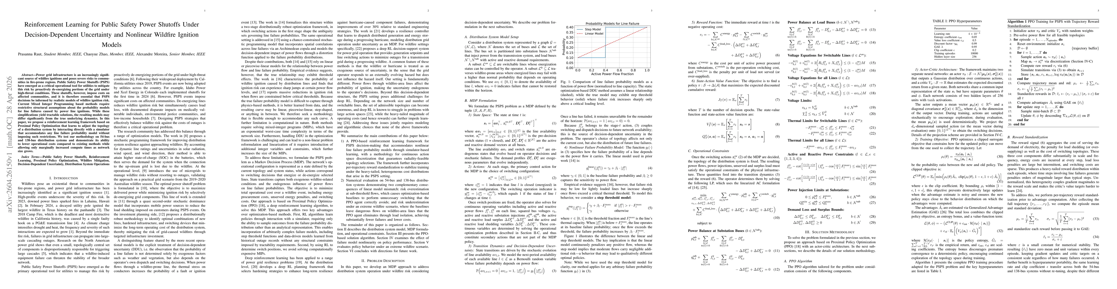 Thumbnail for Reinforcement Learning for Public Safety Power Shutoffs Under Decision-Dependent Uncertainty and Nonlinear Wildfire Ignition Models