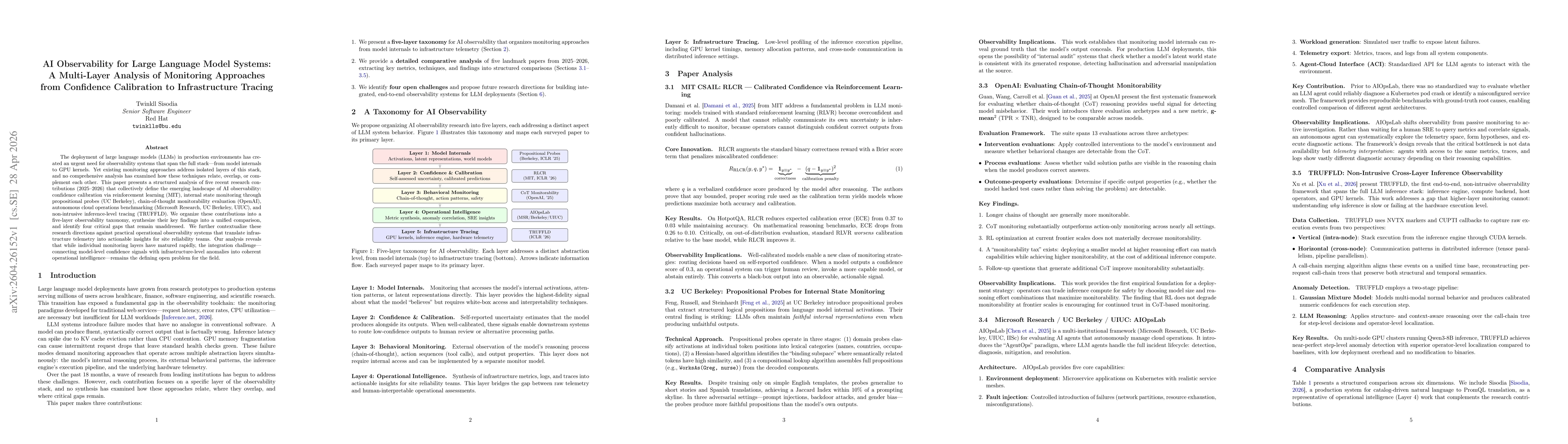 Thumbnail for AI Observability for Large Language Model Systems: A Multi-Layer Analysis of Monitoring Approaches from Confidence Calibration to Infrastructure Tracing