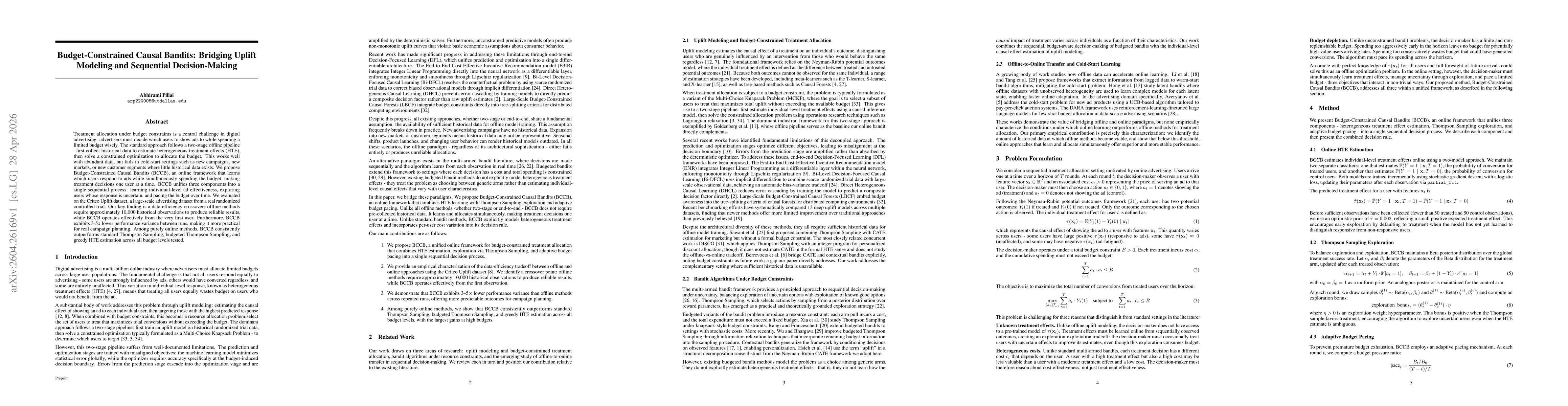 Thumbnail for Budget-Constrained Causal Bandits: Bridging Uplift Modeling and Sequential Decision-Making
