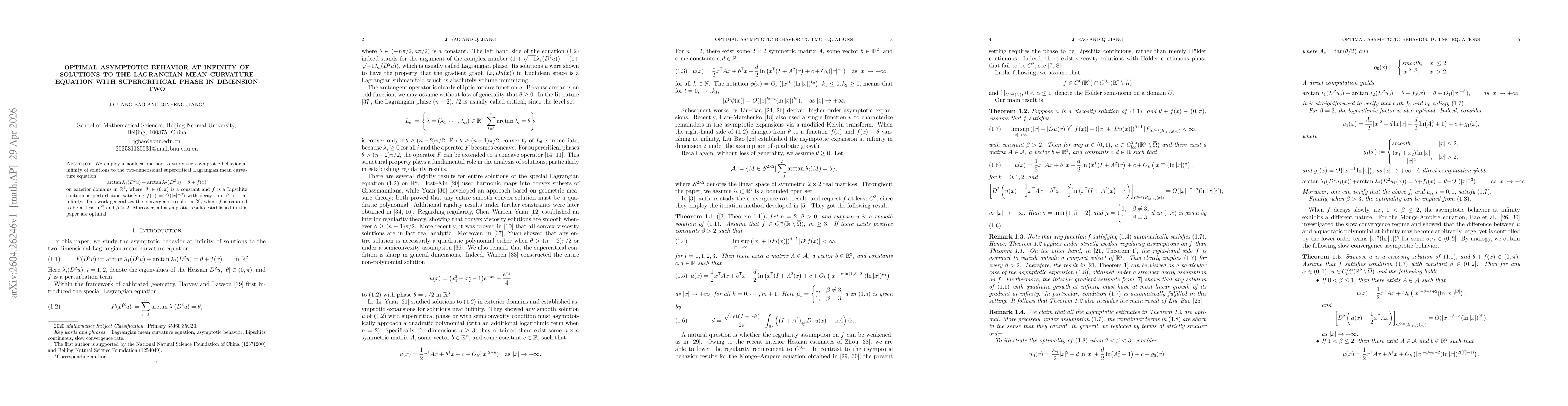 Thumbnail for Optimal Asymptotic Behavior at Infinity of Solutions to the Lagrangian Mean Curvature Equation with Supercritical Phase in Dimension Two