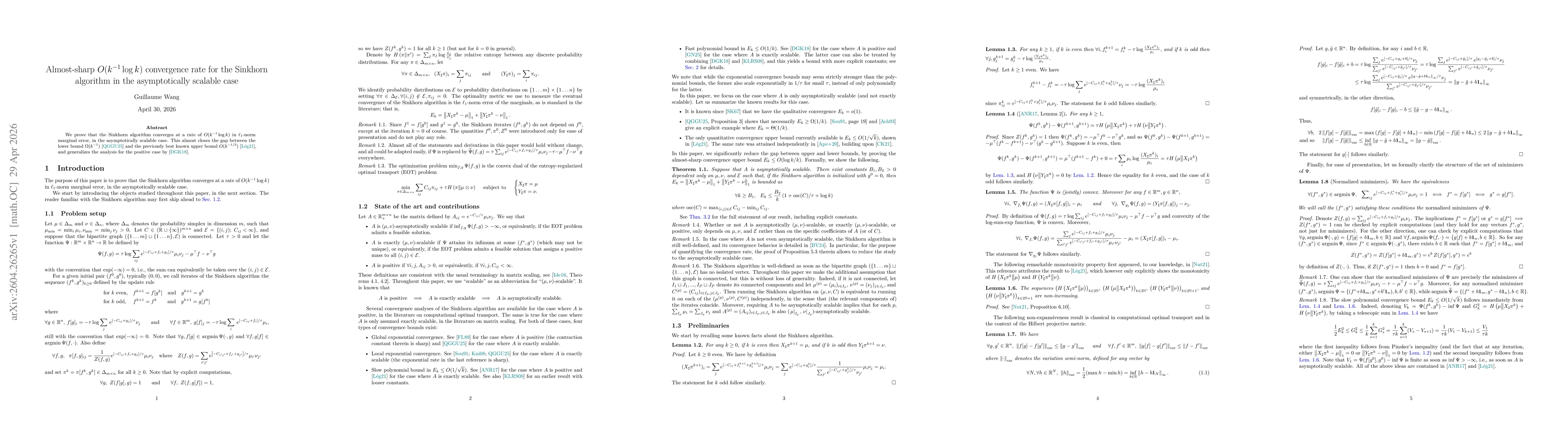 Thumbnail for Almost-sharp $O(k^{-1} \log k)$ convergence rate for the Sinkhorn algorithm in the asymptotically scalable case