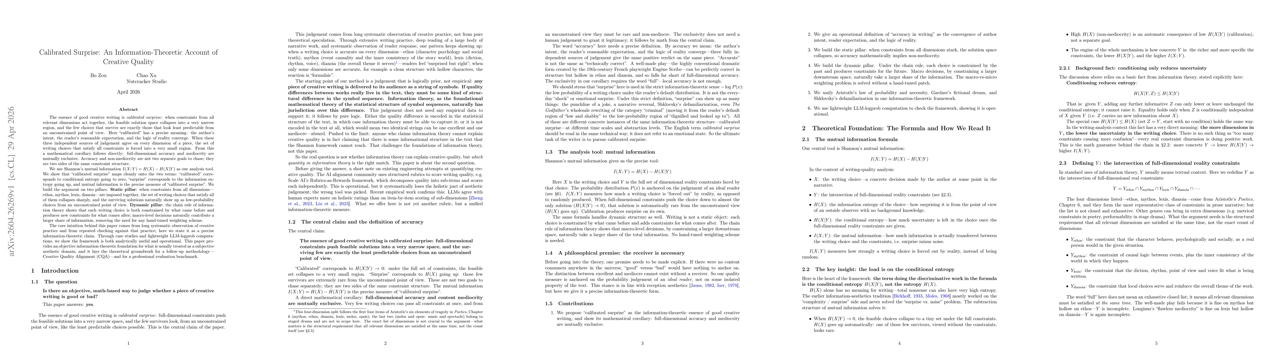 Thumbnail for Calibrated Surprise: An Information-Theoretic Account of Creative Quality
