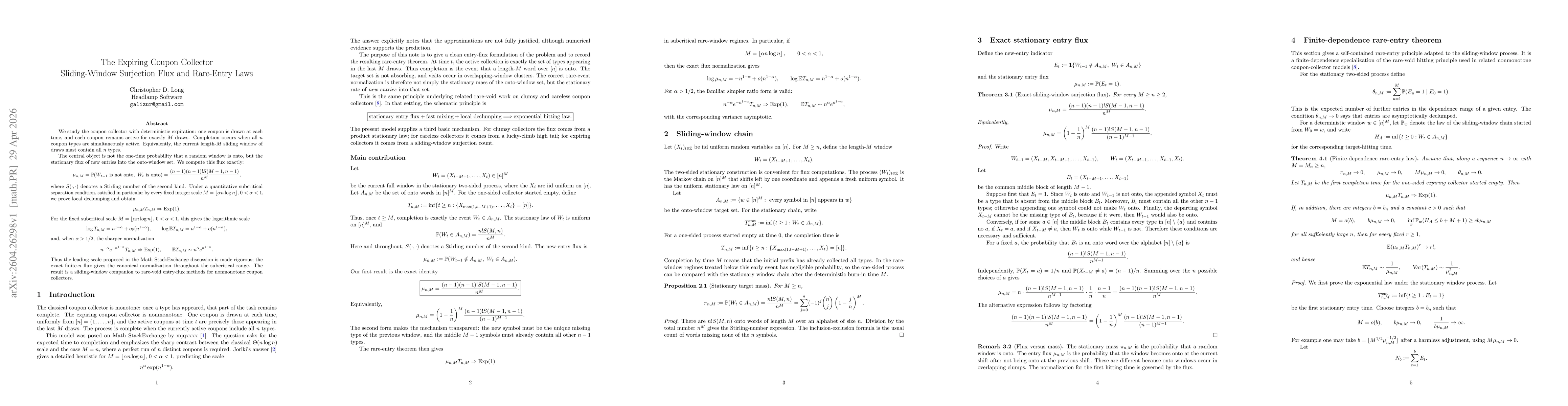Thumbnail for The Expiring Coupon Collector: Sliding-Window Surjection Flux and Rare-Entry Laws