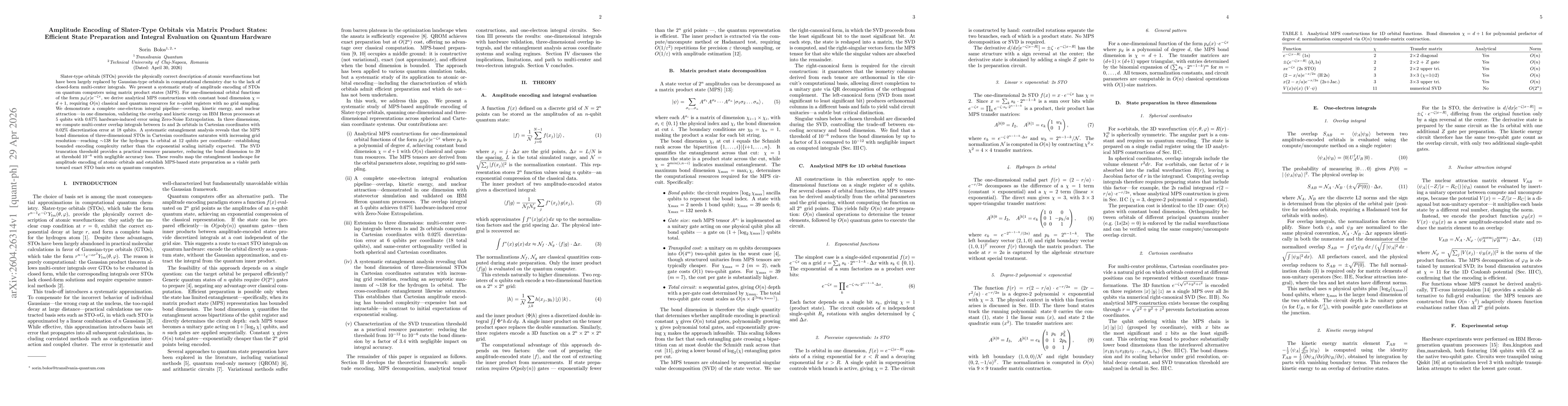 Thumbnail for Amplitude Encoding of Slater-Type Orbitals via Matrix Product States: Efficient State Preparation and Integral Evaluation on Quantum Hardware