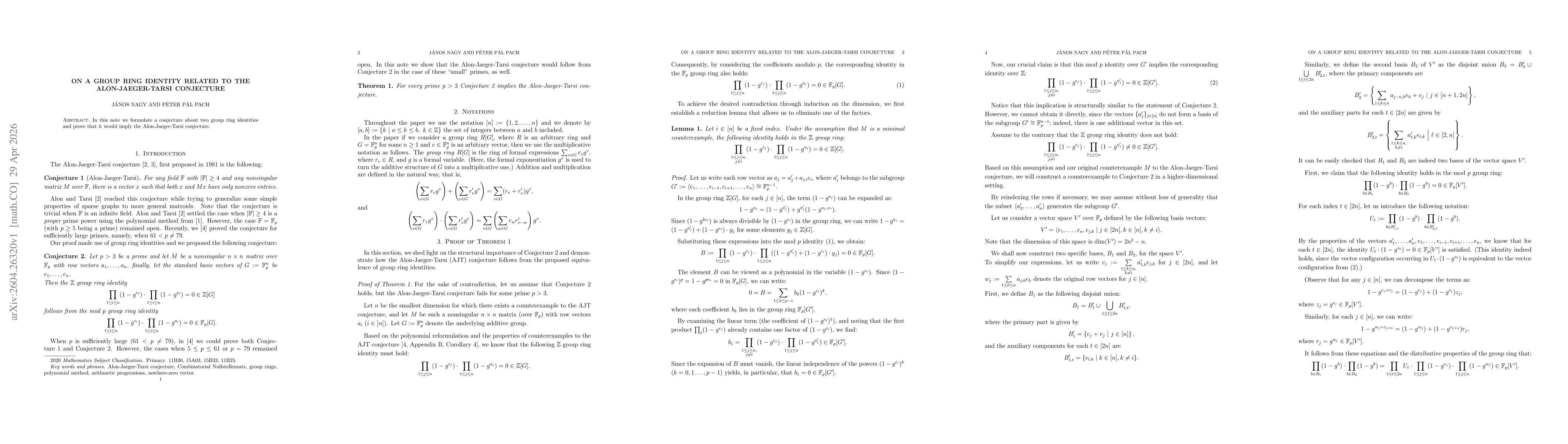 Thumbnail for On a group ring identity related to the Alon-Jaeger-Tarsi conjecture