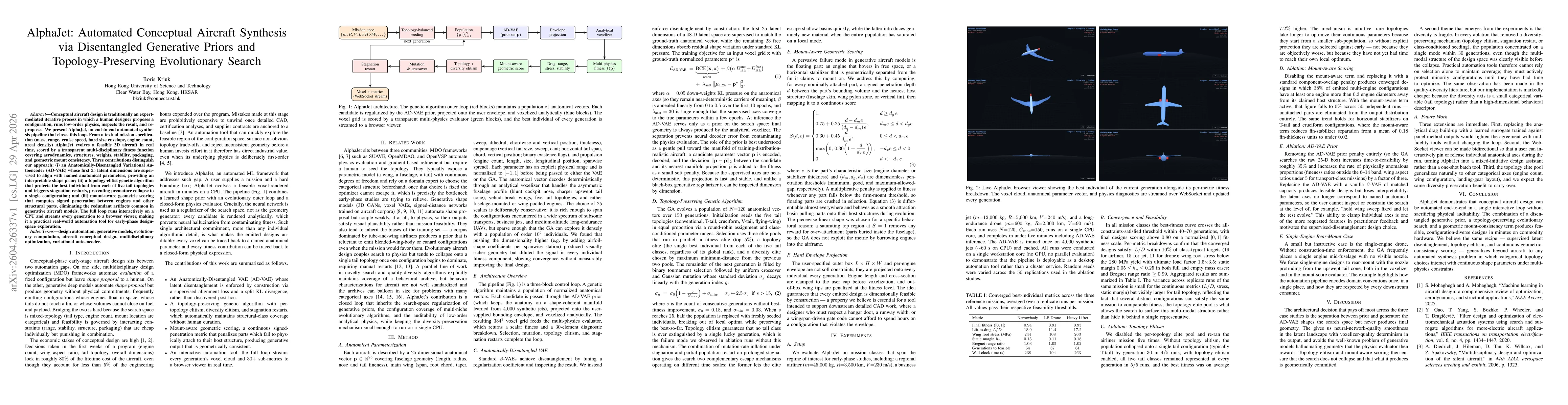 Thumbnail for AlphaJet: Automated Conceptual Aircraft Synthesis via Disentangled Generative Priors and Topology-Preserving Evolutionary Search