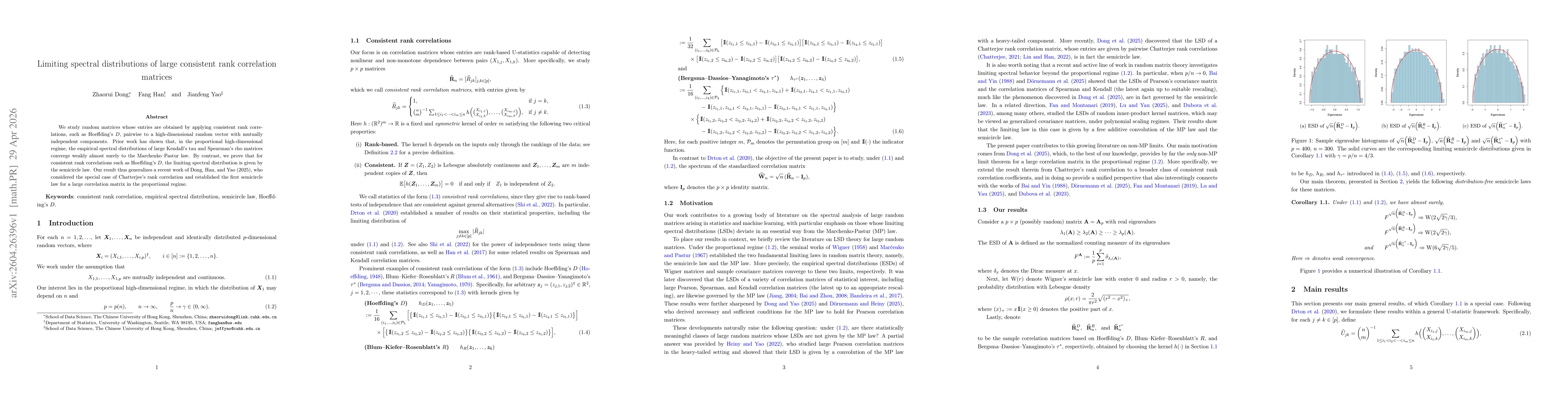 Thumbnail for Limiting spectral distributions of large consistent rank correlation matrices