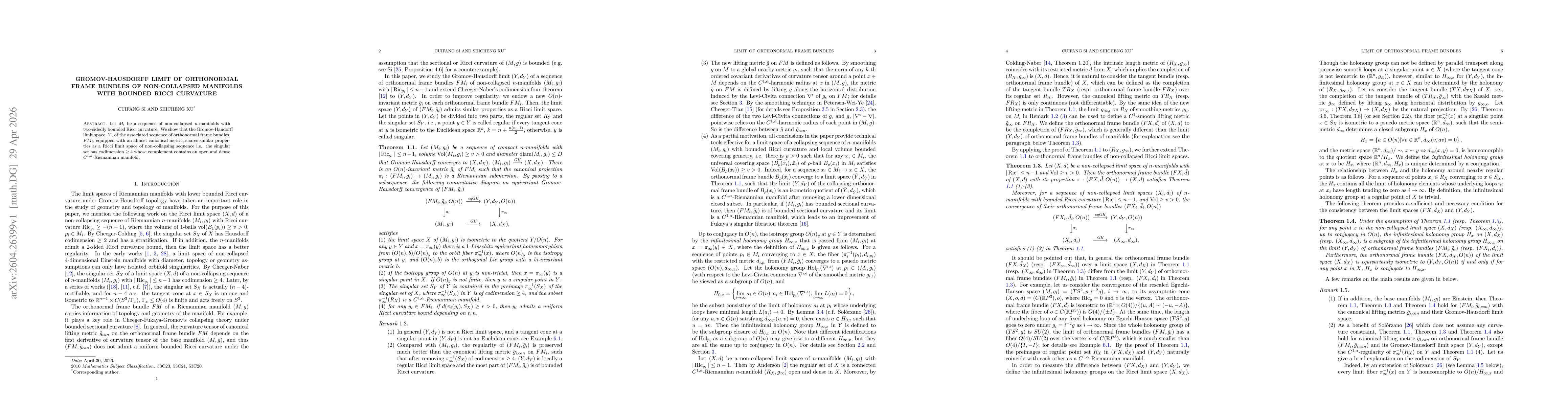 Thumbnail for Gromov-Hausdorff limit of orthonormal frame bundles of non-collapsed manifolds with bounded Ricci curvature