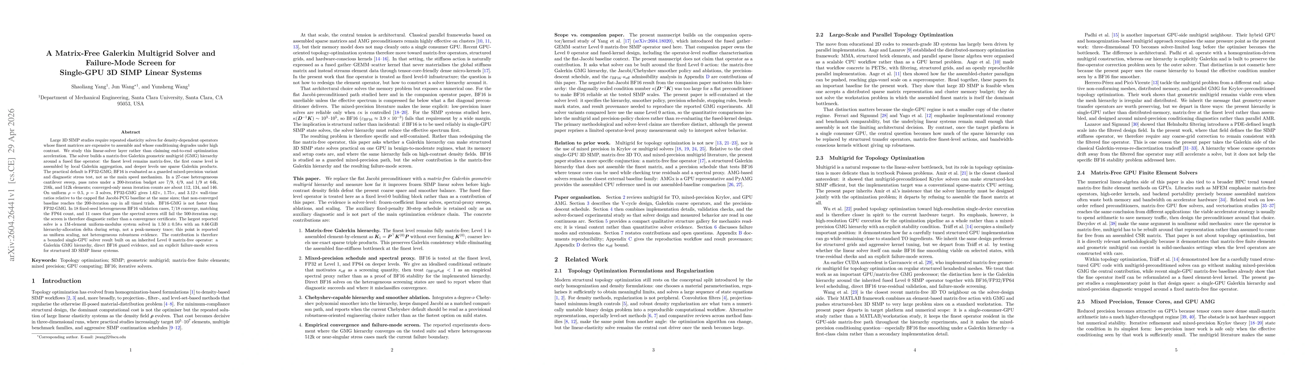 Thumbnail for A Matrix-Free Galerkin Multigrid Solver and Failure-Mode Screen for Single-GPU 3D SIMP Linear Systems