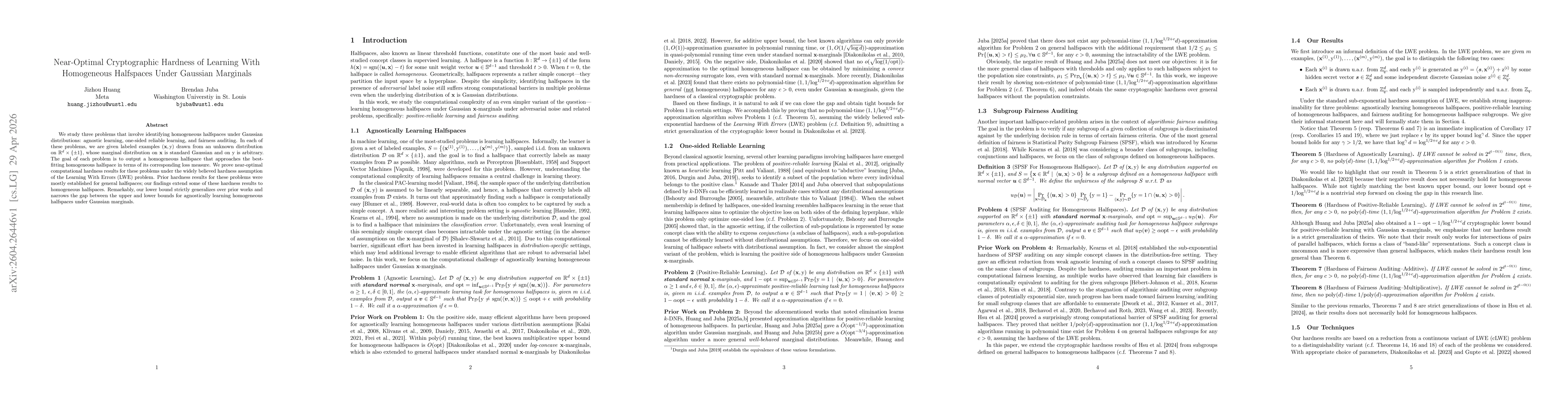 Thumbnail for Near-Optimal Cryptographic Hardness of Learning With Homogeneous Halfspaces Under Gaussian Marginals