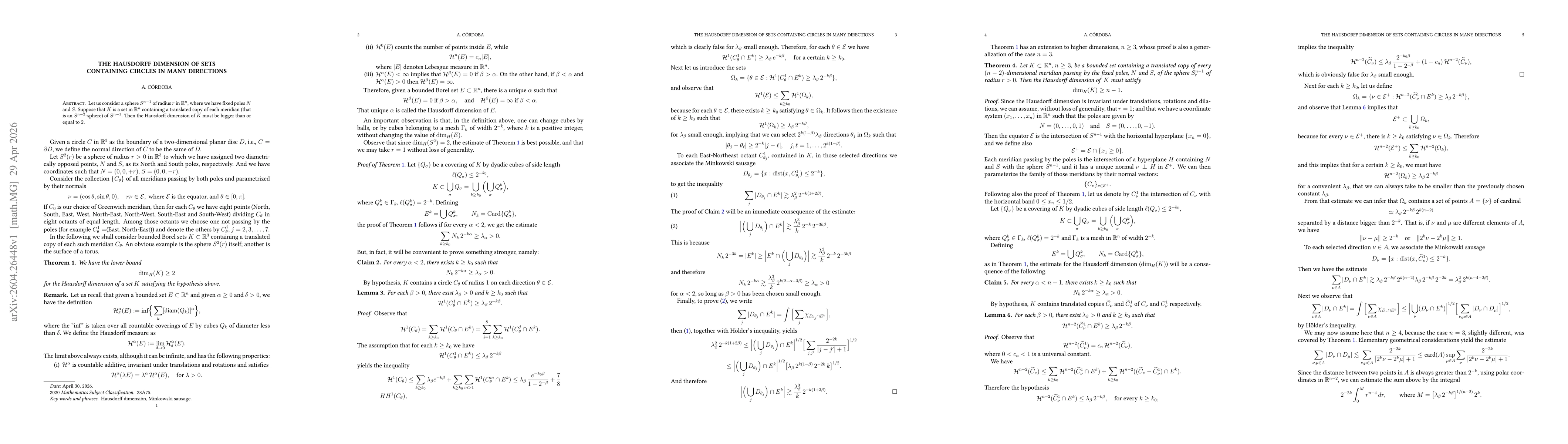 Thumbnail for The Hausdorff dimension of sets containing circles in many directions