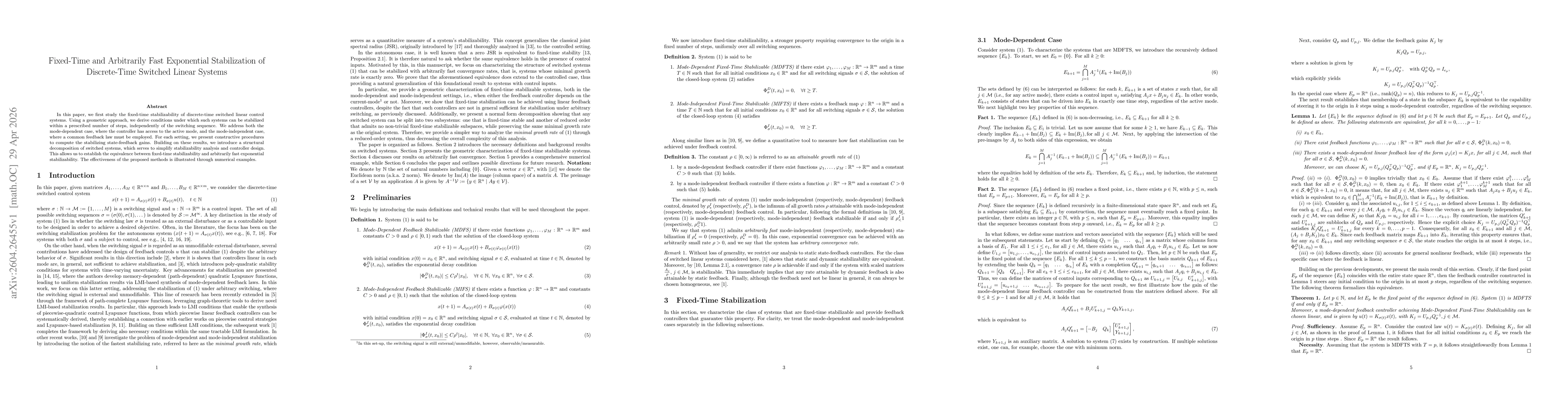 Thumbnail for Fixed-Time and Arbitrarily Fast Exponential Stabilization of Discrete-Time Switched Linear Systems