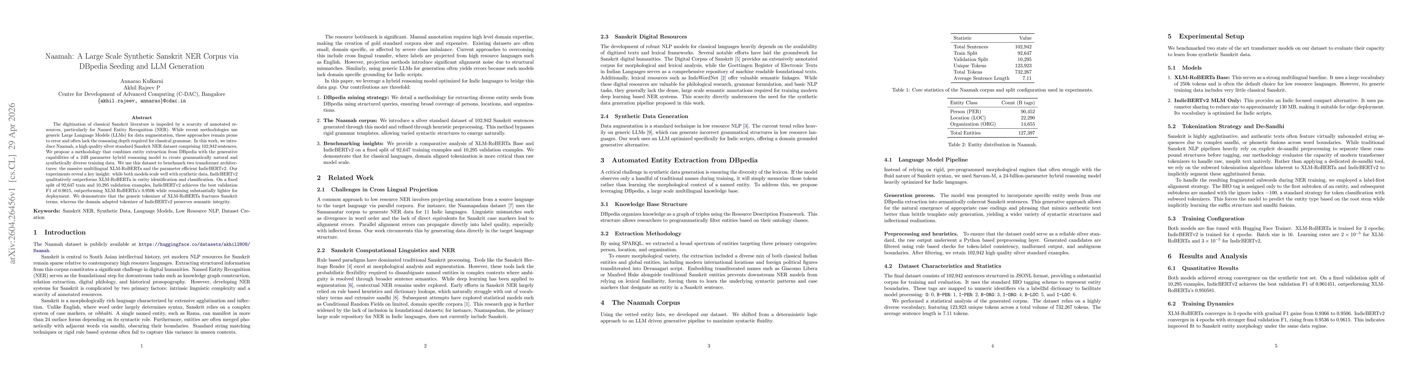 Thumbnail for Naamah: A Large Scale Synthetic Sanskrit NER Corpus via DBpedia Seeding and LLM Generation