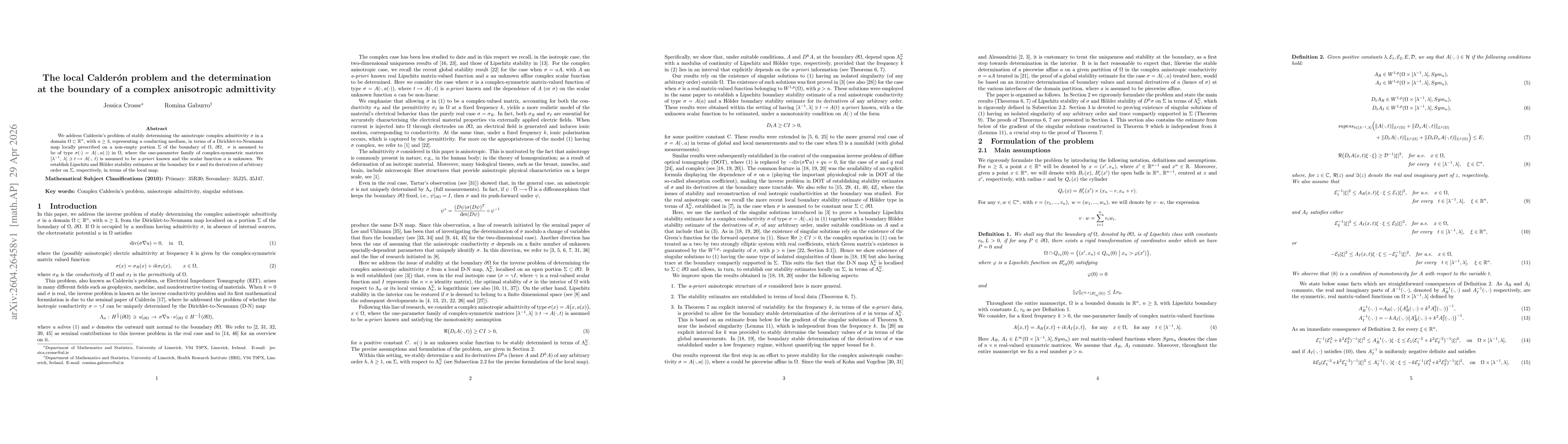 Thumbnail for The local Calderón problem and the determination at the boundary of a complex anisotropic admittivity