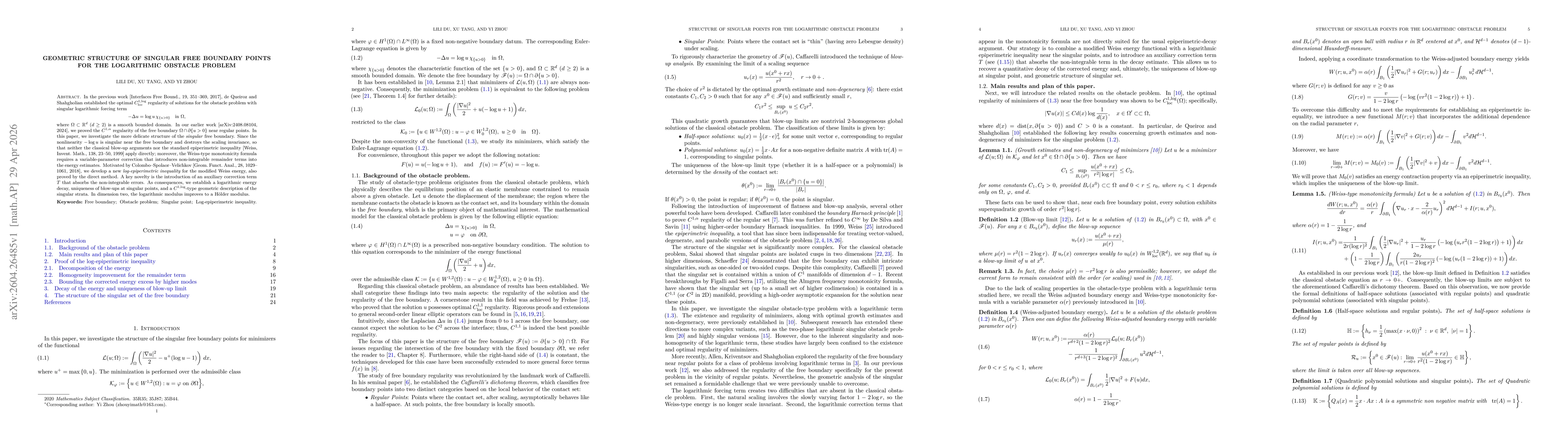 Thumbnail for Geometric structure of singular free boundary points for the logarithmic obstacle problem