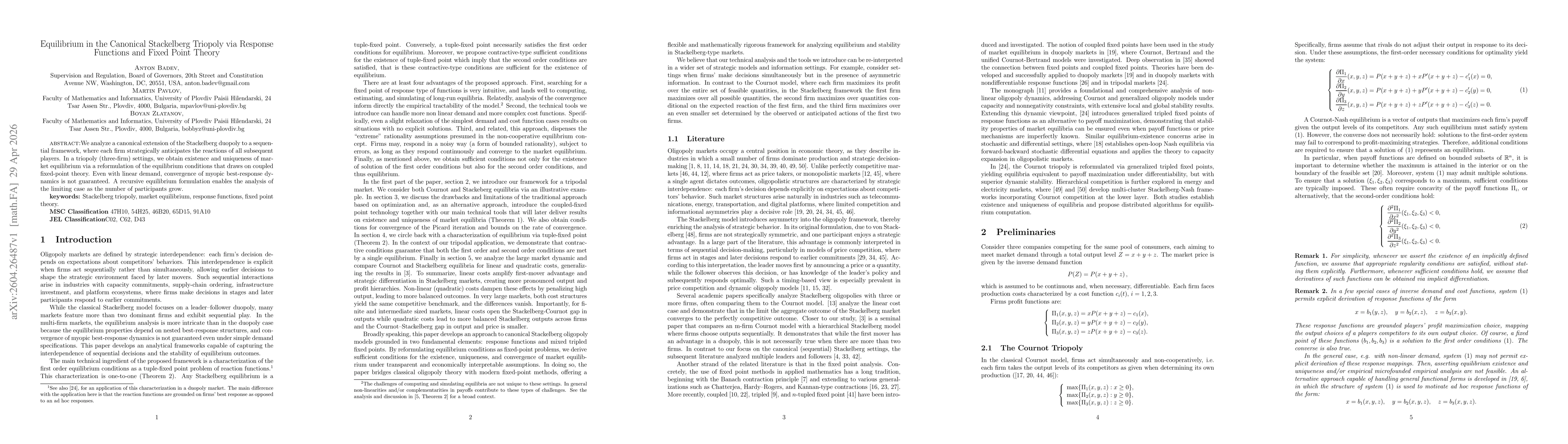 Thumbnail for Equilibrium in the Canonical Stackelberg Triopoly via Response Functions and Fixed Point Theory