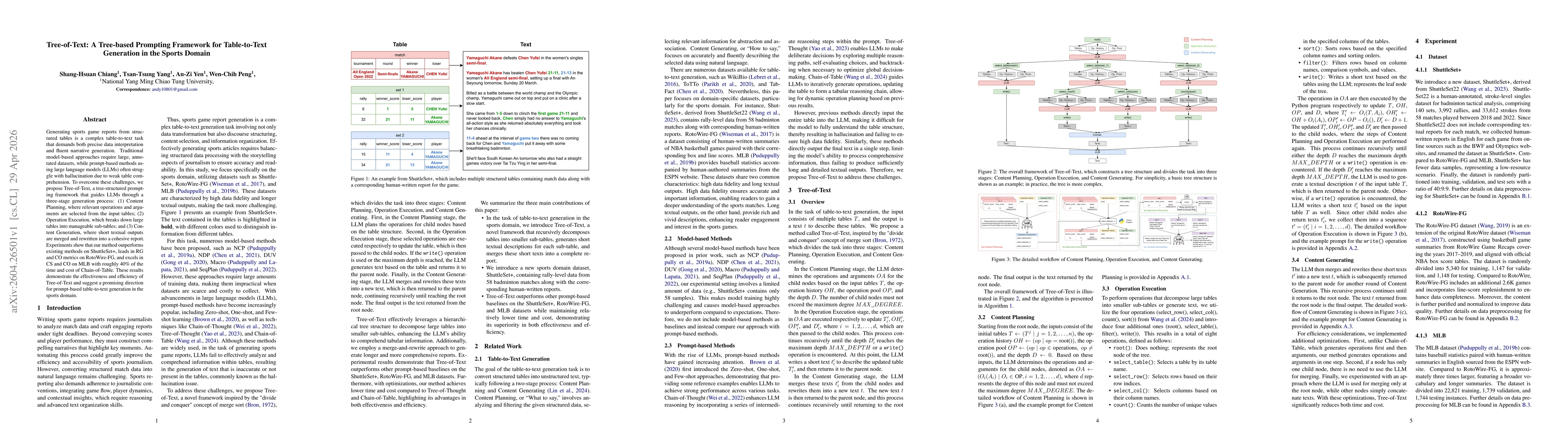 Thumbnail for Tree-of-Text: A Tree-based Prompting Framework for Table-to-Text Generation in the Sports Domain