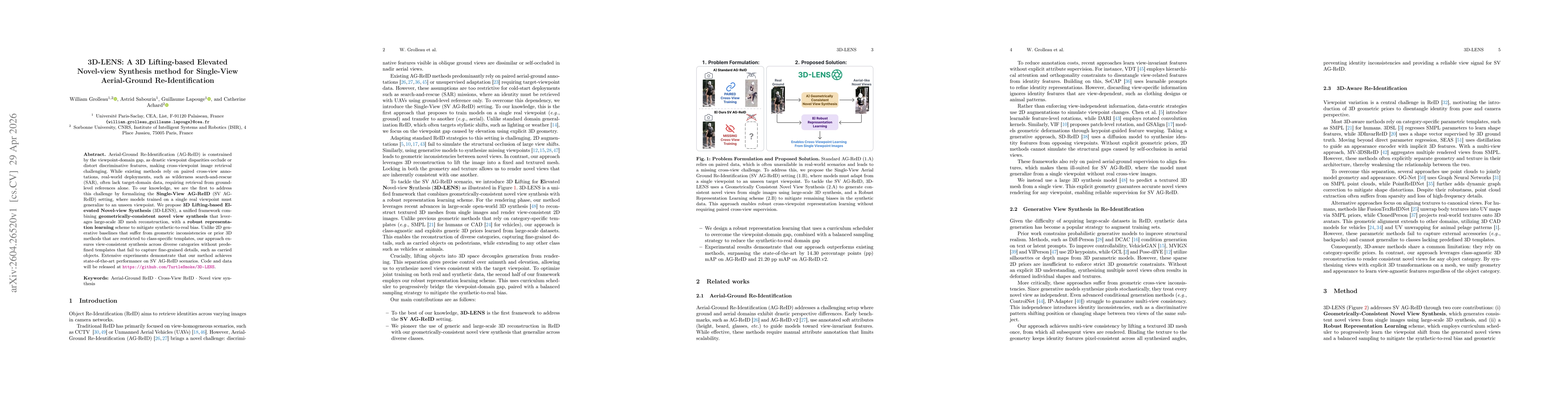 Thumbnail for 3D-LENS: A 3D Lifting-based Elevated Novel-view Synthesis method for Single-View Aerial-Ground Re-Identification