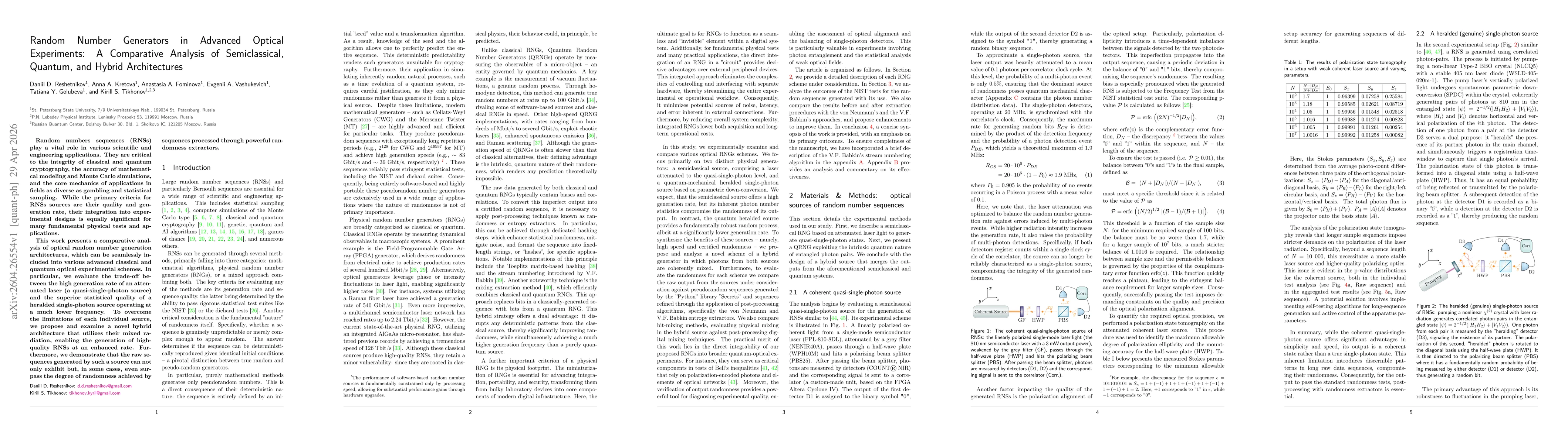 Thumbnail for Random Number Generators in Advanced Optical Experiments: A Comparative Analysis of Semiclassical, Quantum, and Hybrid Architectures