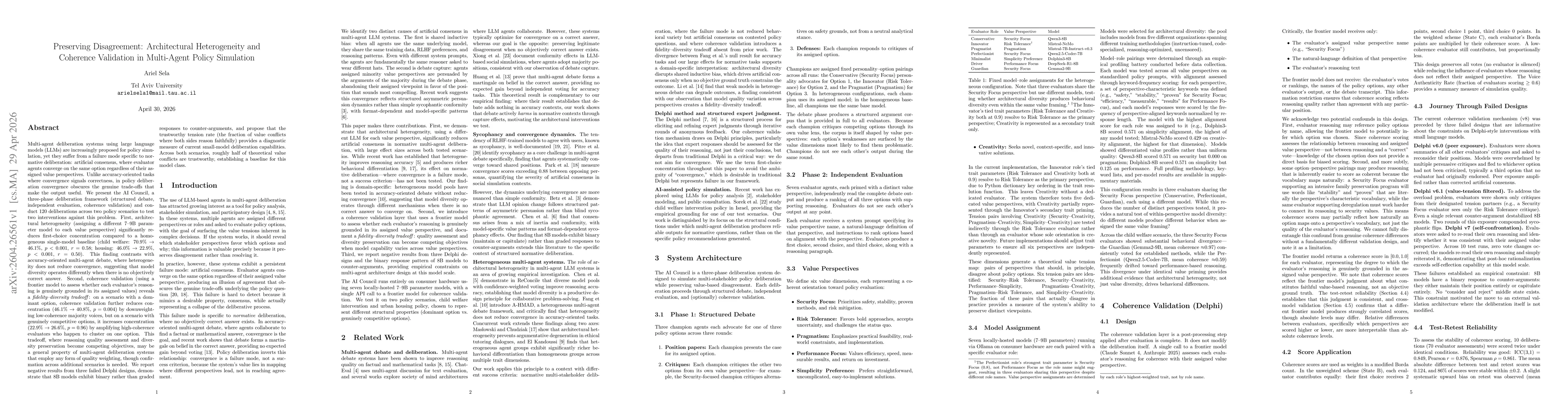 Thumbnail for Preserving Disagreement: Architectural Heterogeneity and Coherence Validation in Multi-Agent Policy Simulation