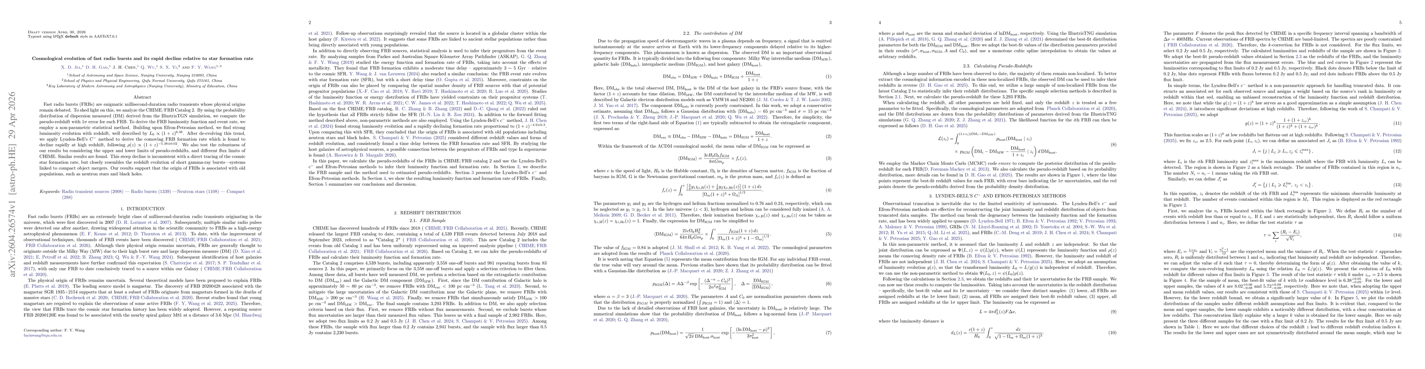 Thumbnail for Cosmological evolution of fast radio bursts and its rapid decline relative to star formation rate