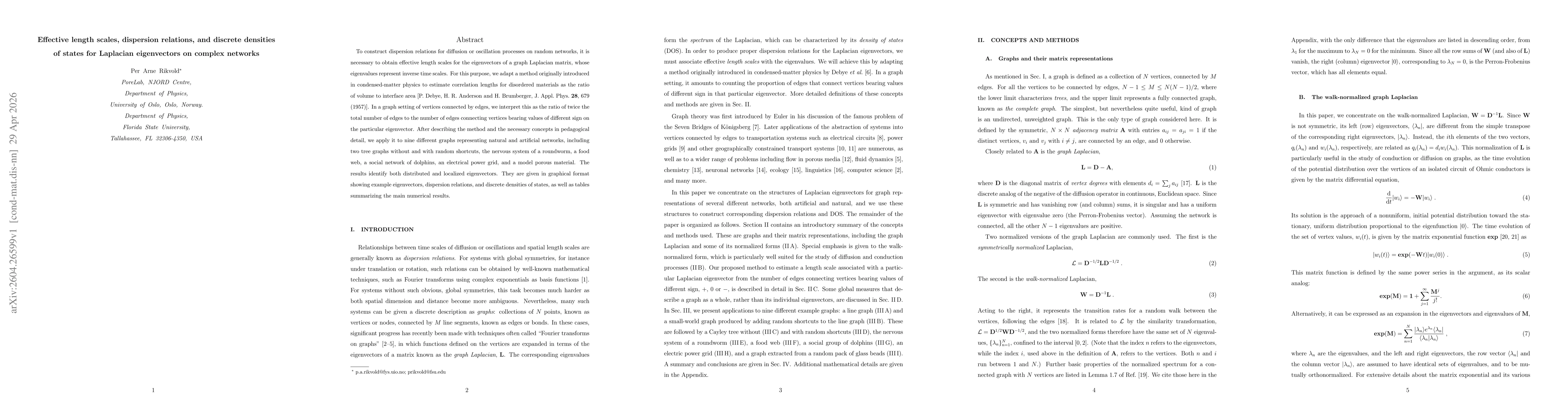 Thumbnail for Effective length scales, dispersion relations, and discrete densities of states for Laplacian eigenvectors on complex networks