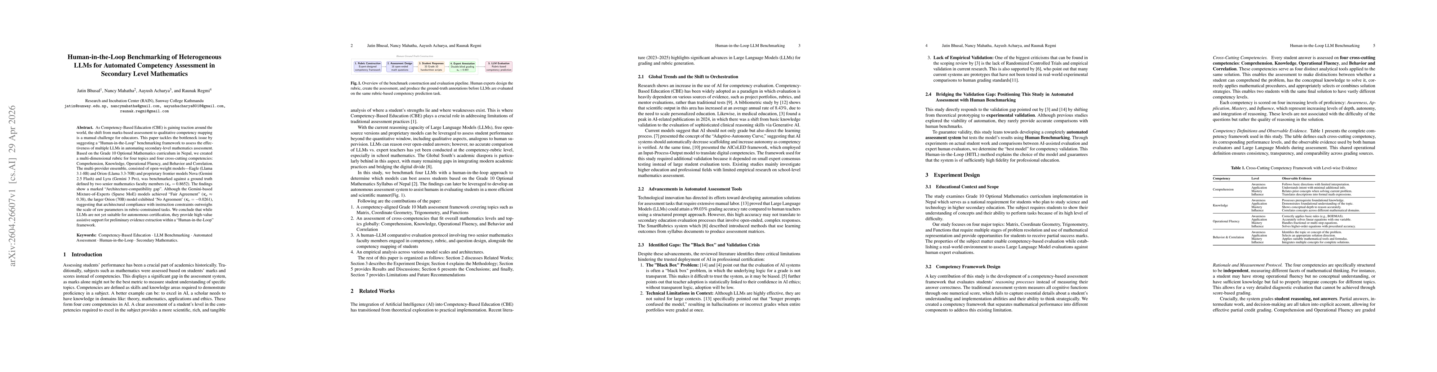 Thumbnail for Human-in-the-Loop Benchmarking of Heterogeneous LLMs for Automated Competency Assessment in Secondary Level Mathematics