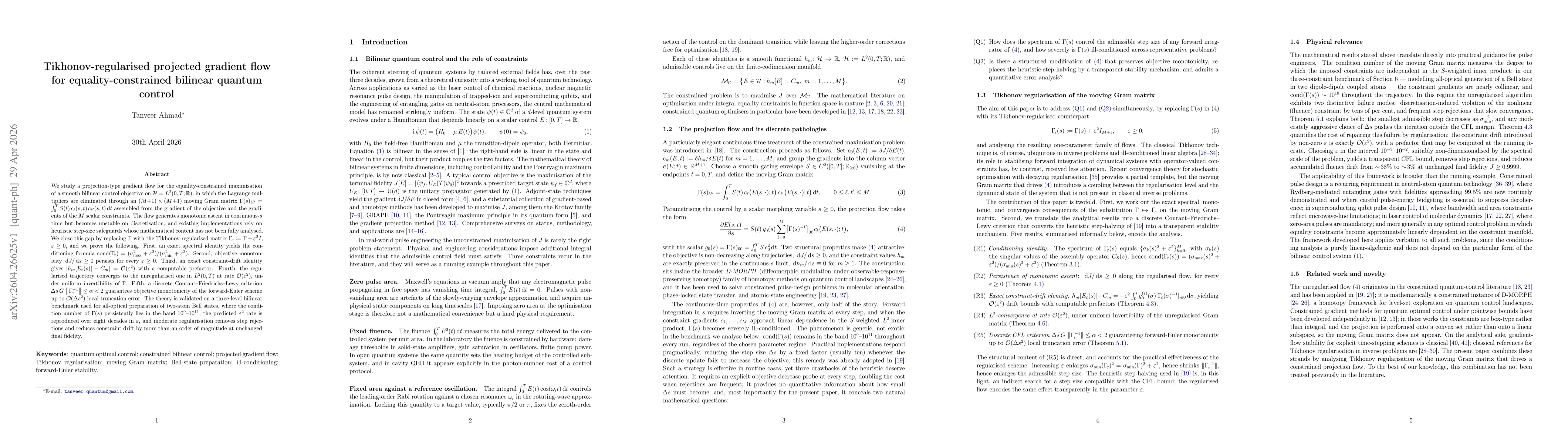 Thumbnail for Tikhonov-regularised projected gradient flow for equality-constrained bilinear quantum control